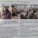 Participants de tout âge écrivant et échangeant autour des proverbes lors de l’atelier slam « On s’la Raconte 2 » à la Bibliothèque du Péage-de-Roussillon, Isère.