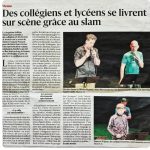 Article de presse sur InterSlam à Vienne avec Nicolas Sorez intervenant slam accompagnant des collégiens et lycéens sur scène au théâtre François Ponsard